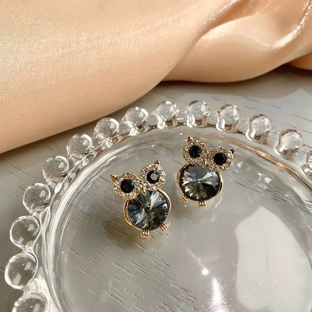 Blue Grey Crystal Owl Gold Earrings